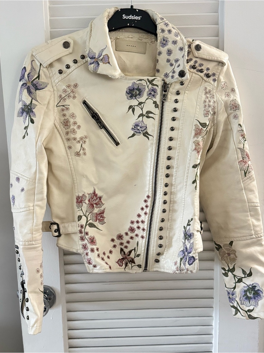 Vintage Blank NYC Cream Leather Floral Studded Moto Jacket